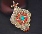 Nepali Gau Prayer Box Pendant with Coral and Turquoise