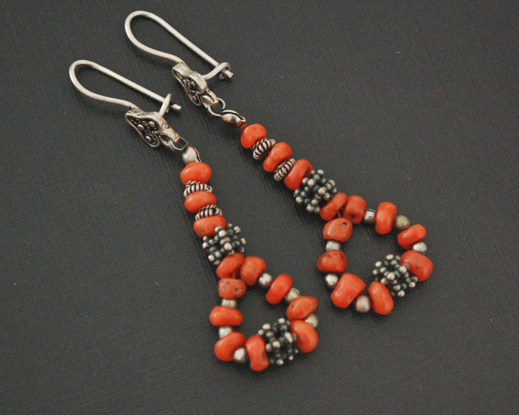 Yemeni Coral Silver Bead Earrings