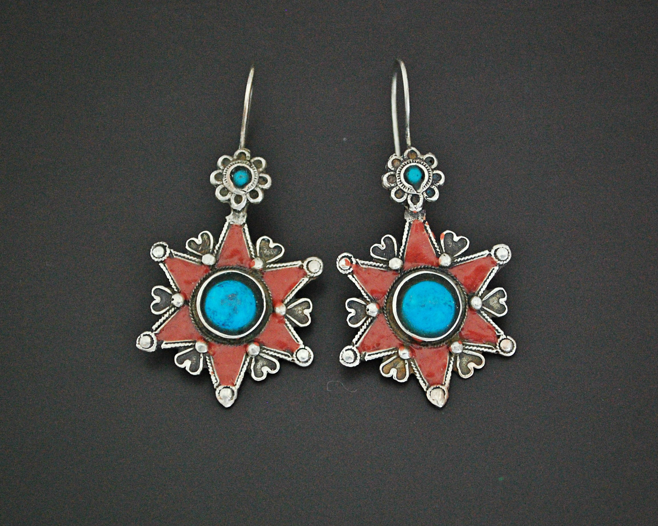 Turkmen Star Earrings with Enamel and Turquoise