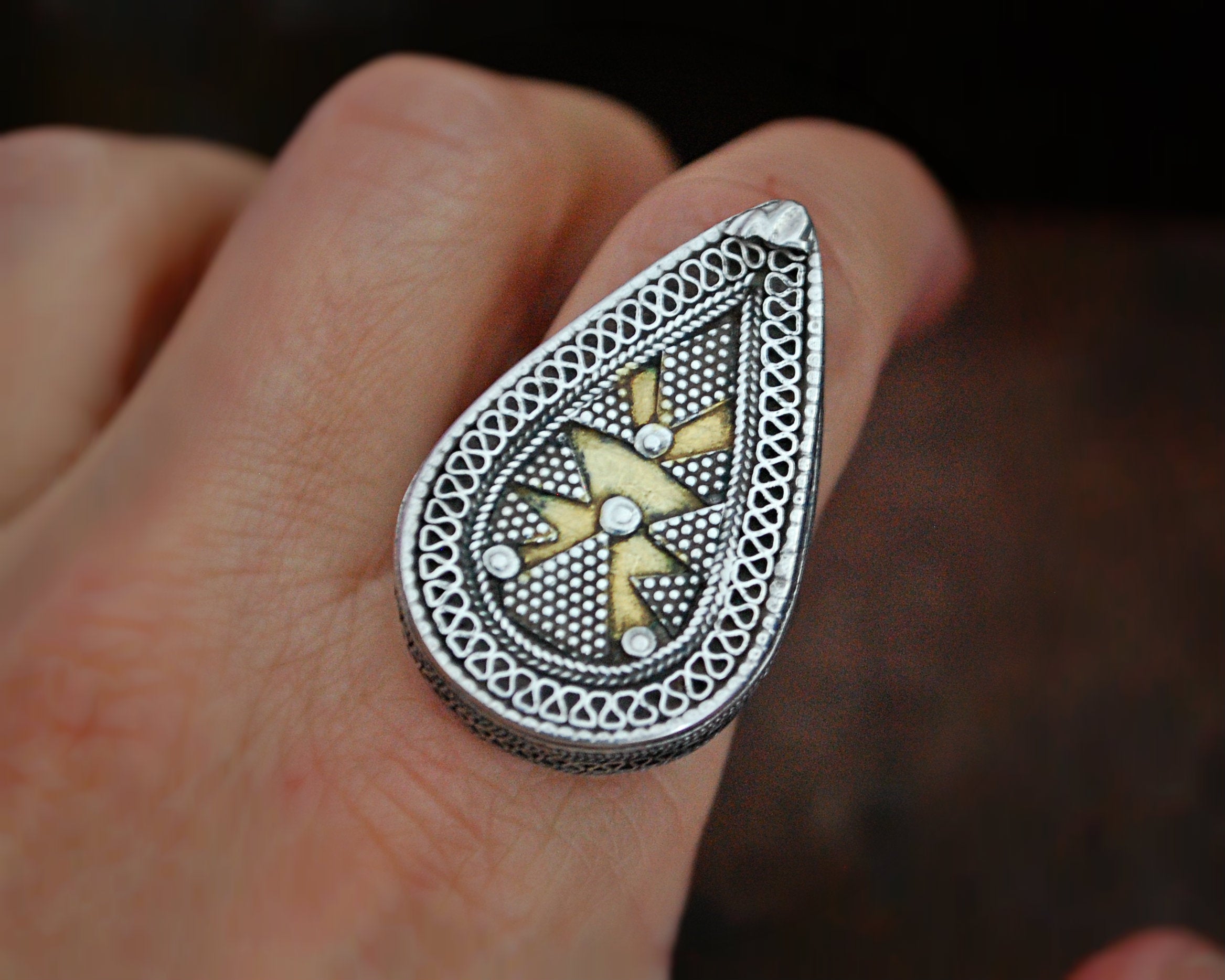 Openable Box Kazakh Tribal Silver Ring with Gold Gilding