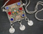 Old Berber Enamel Hirz Pendant with Coins on Silver Chain