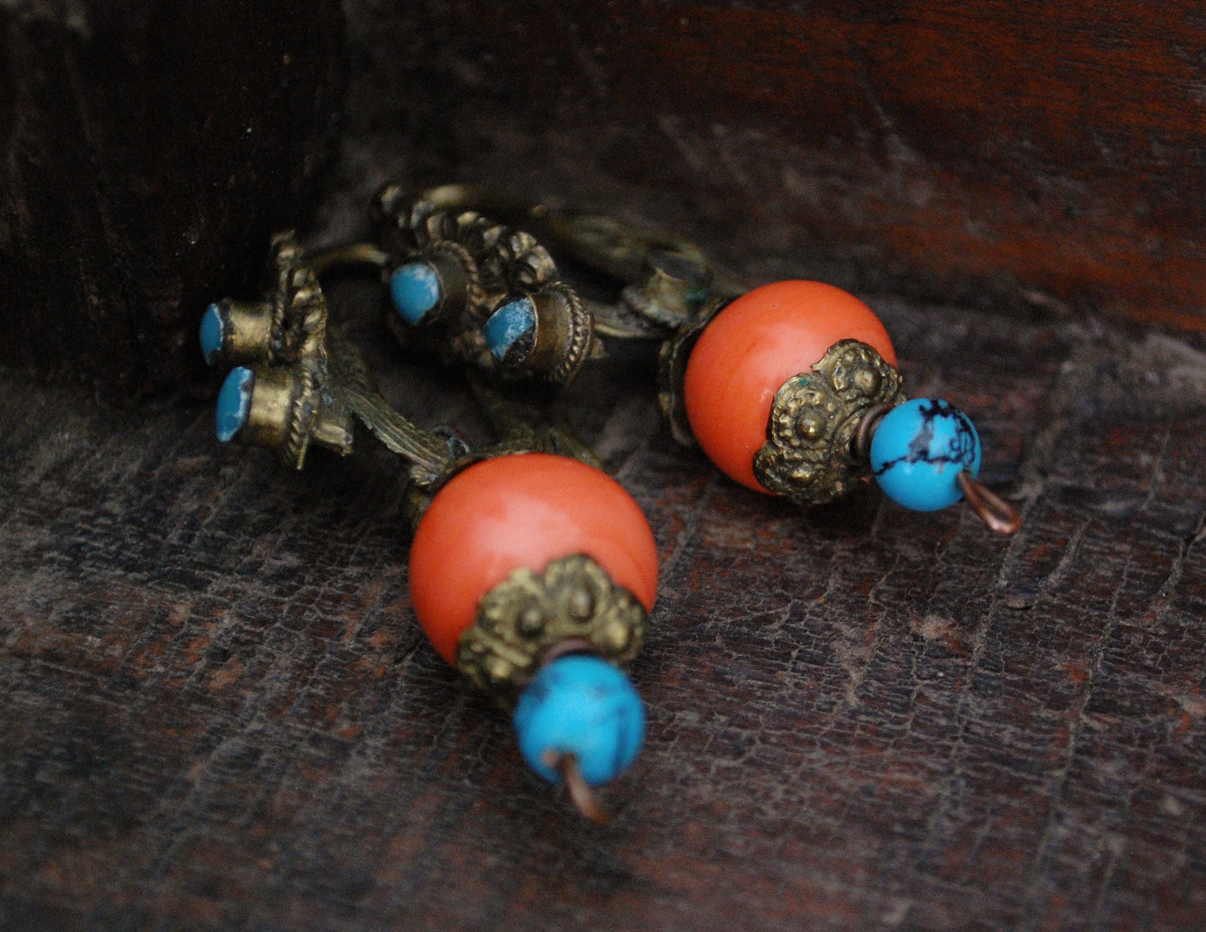 Antique Tibetan Earrings with Coral and Turquoise – Cosmic Norbu