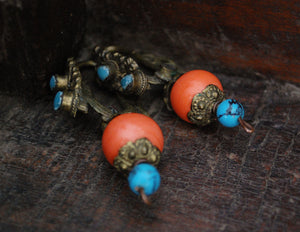 Antique Tibetan Earrings with Coral and Turquoise