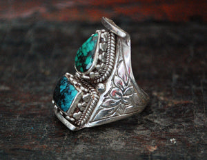 Nepalese Turquoise Lotus Saddle Ring - Size 9.5