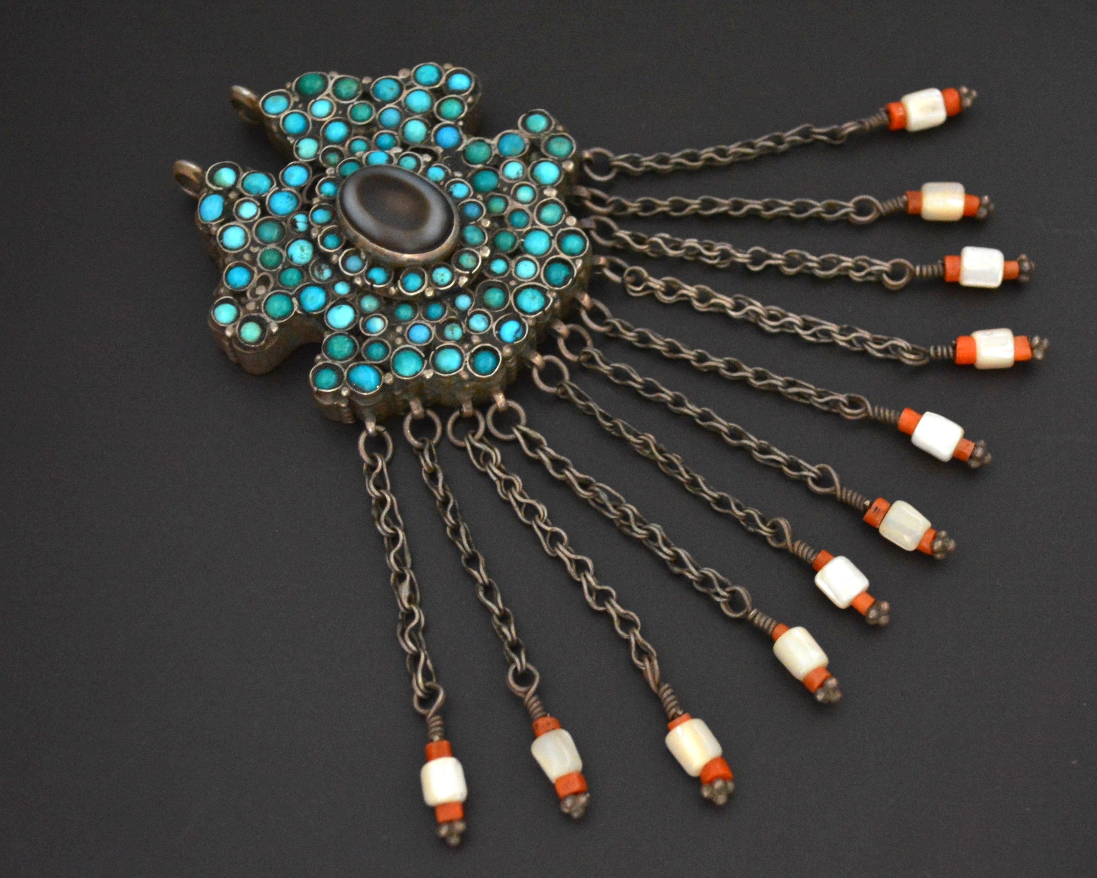 Exceptional Large Uzbek Turquoise and Coral Tassel Pendant with Eye Agate