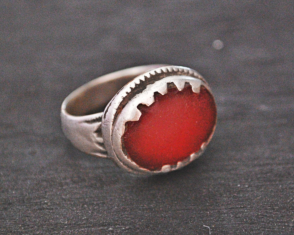 Old Afghani Ring with Red Glass - Size 8.75