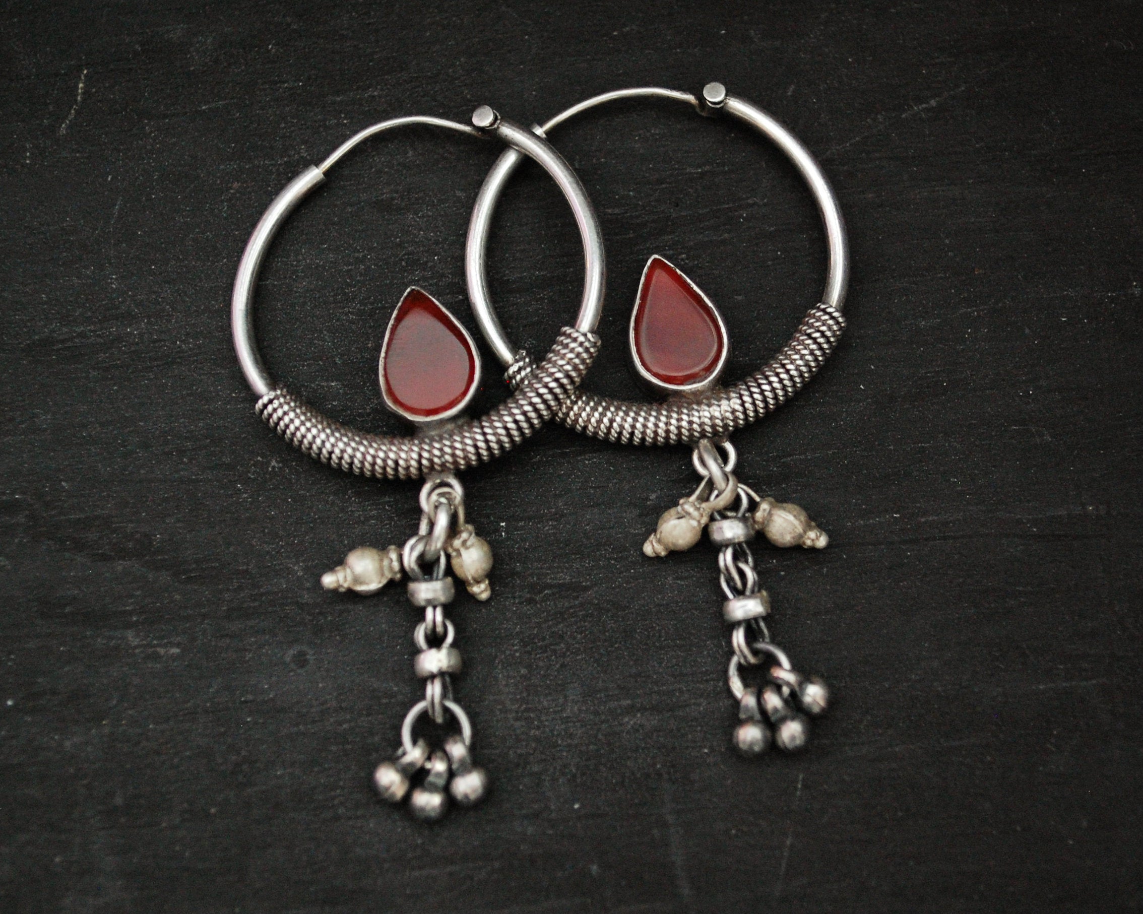 Ethnic Carnelian Hoop Earrings with Tassels