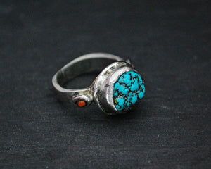 Antique Tibetan Turquoise Nugget and Coral Ring - Size 5