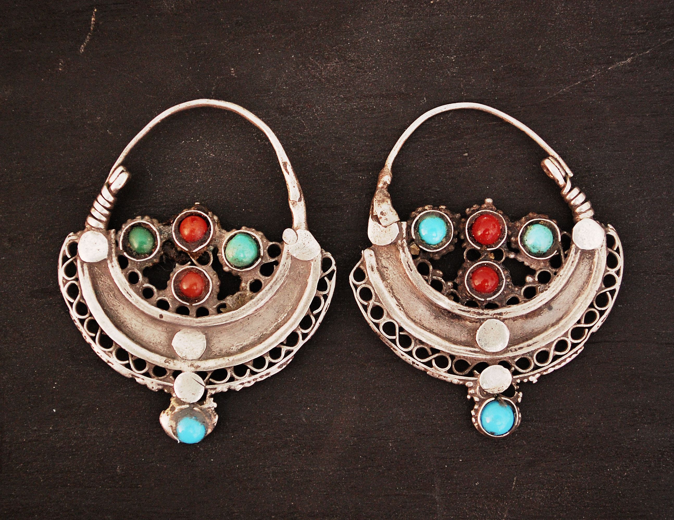 Antique Afghani Hoop Earrings with Turquoise and Coral