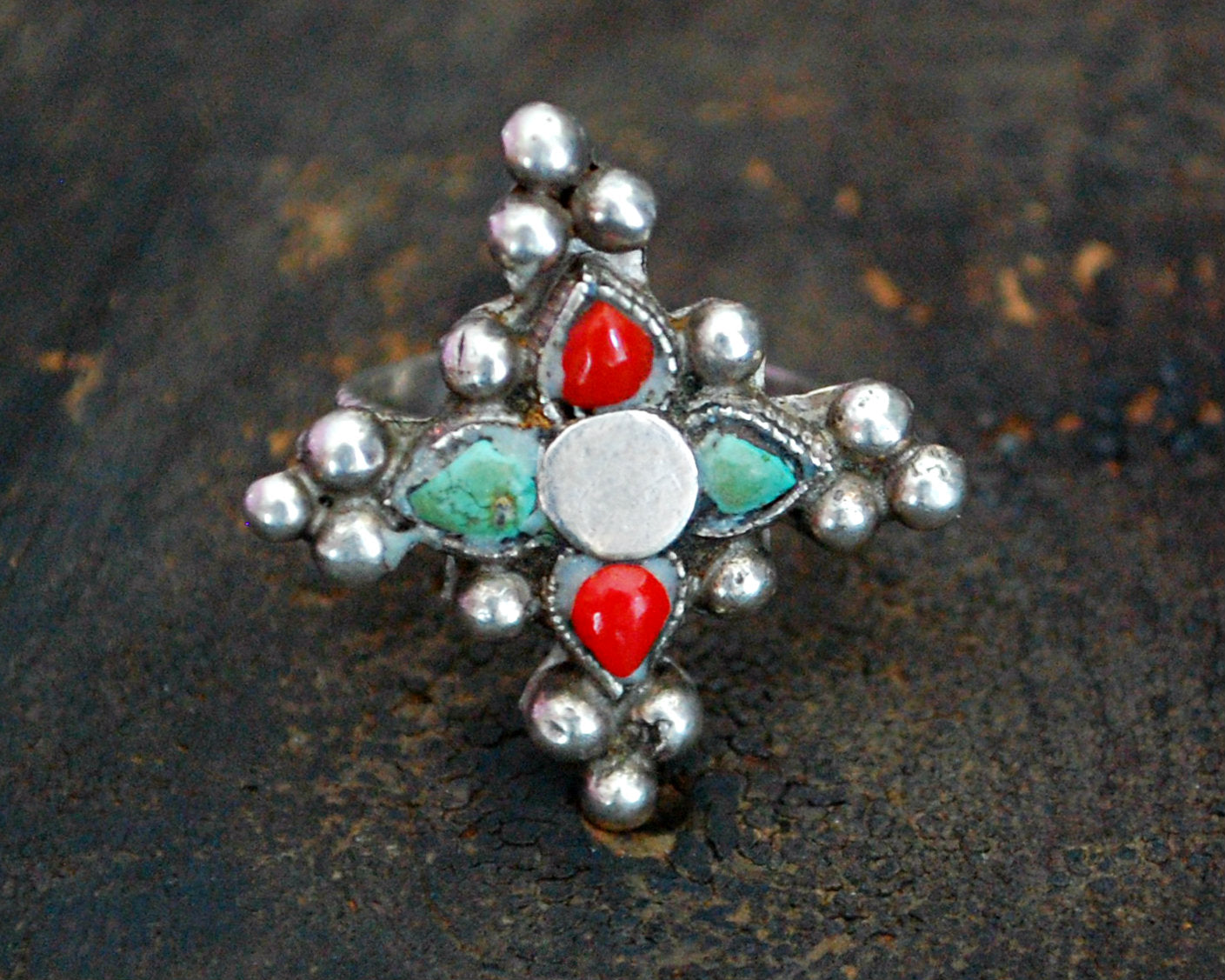 Ethnic Coral Turquoise Ring from Ladakh - Size 6.25