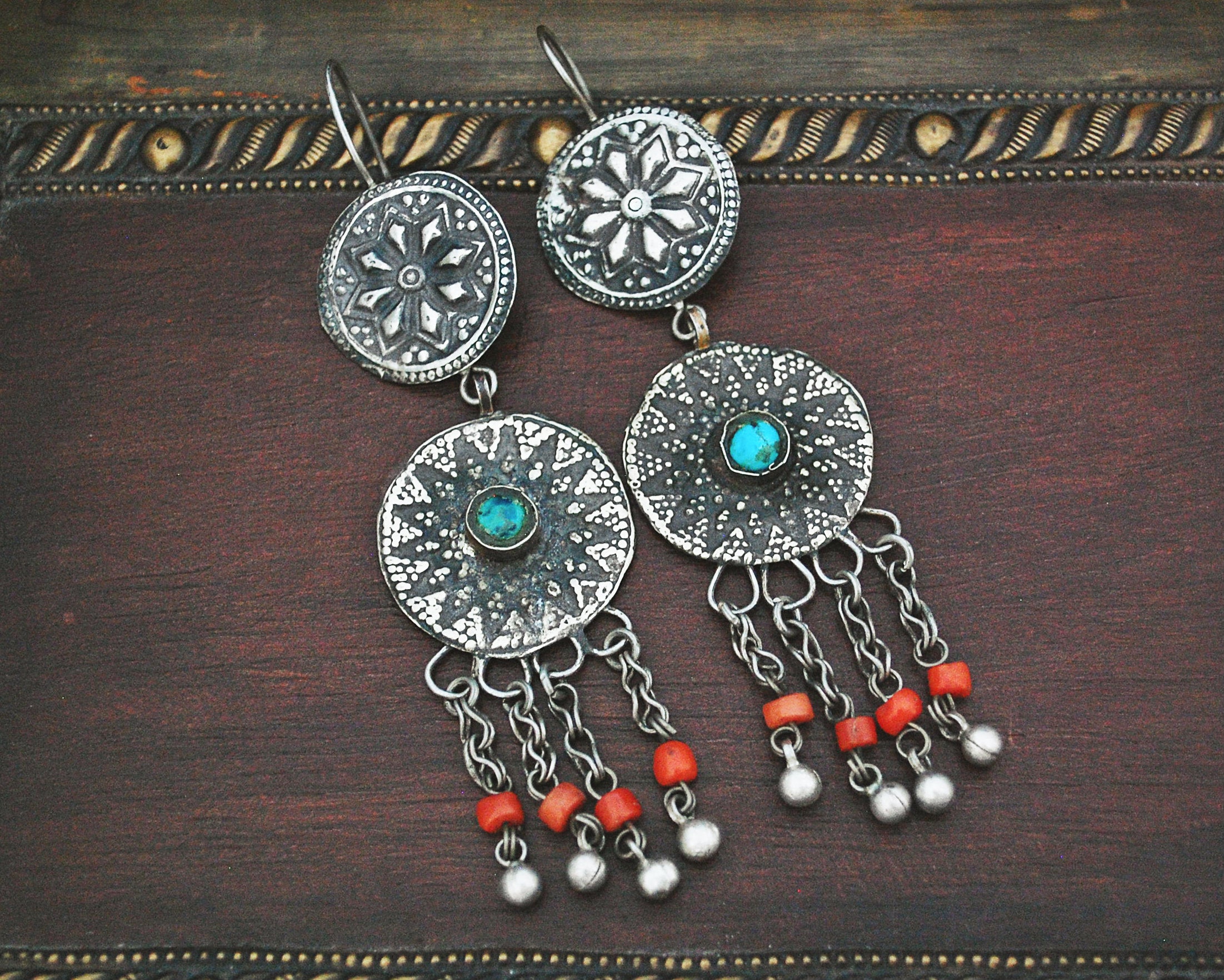 Long Uzbek Coral Turquoise Earrings