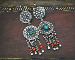 Long Uzbek Coral Turquoise Earrings