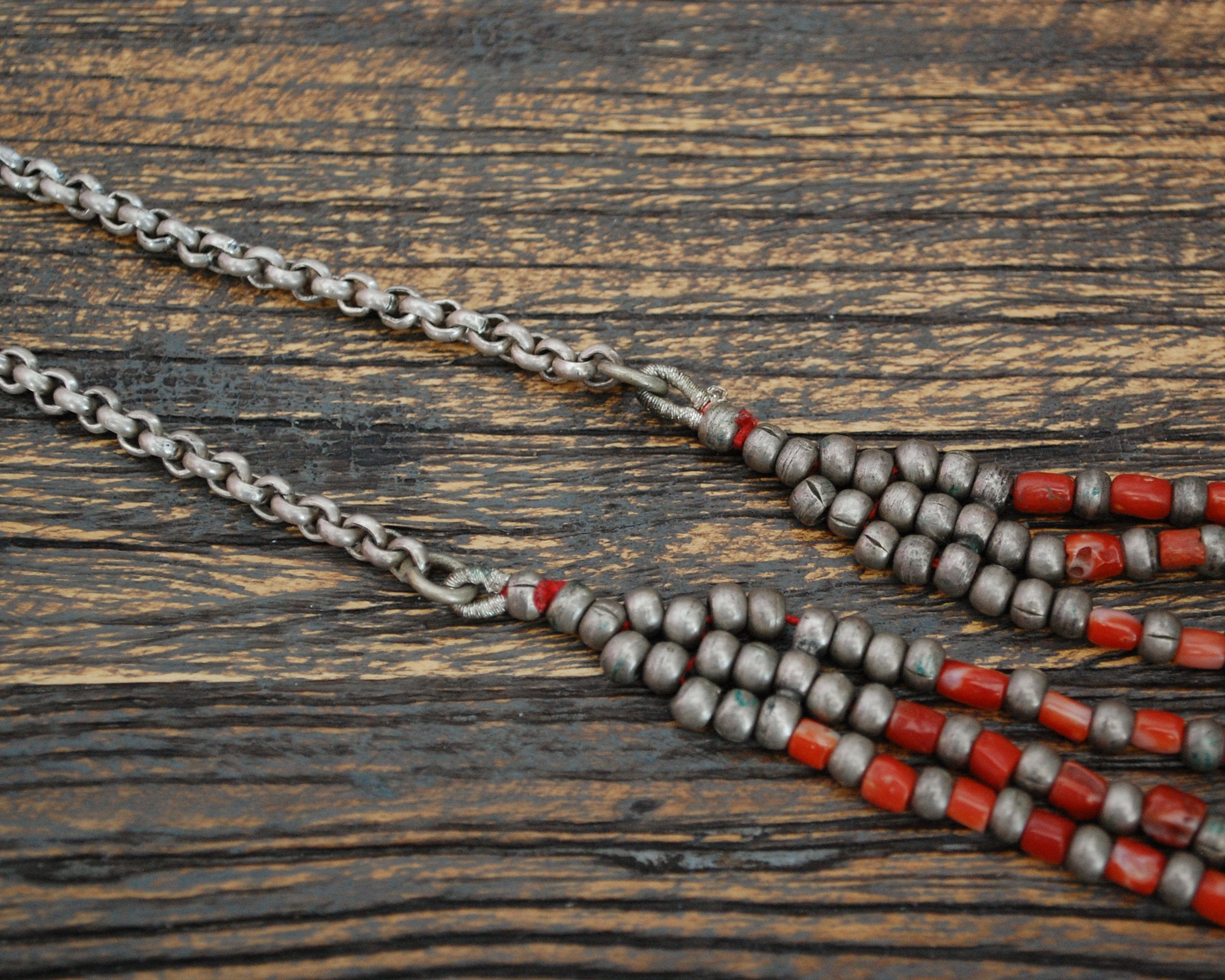 Tibetan Multistrand Coral and Turquoise Necklace with Silver Beads