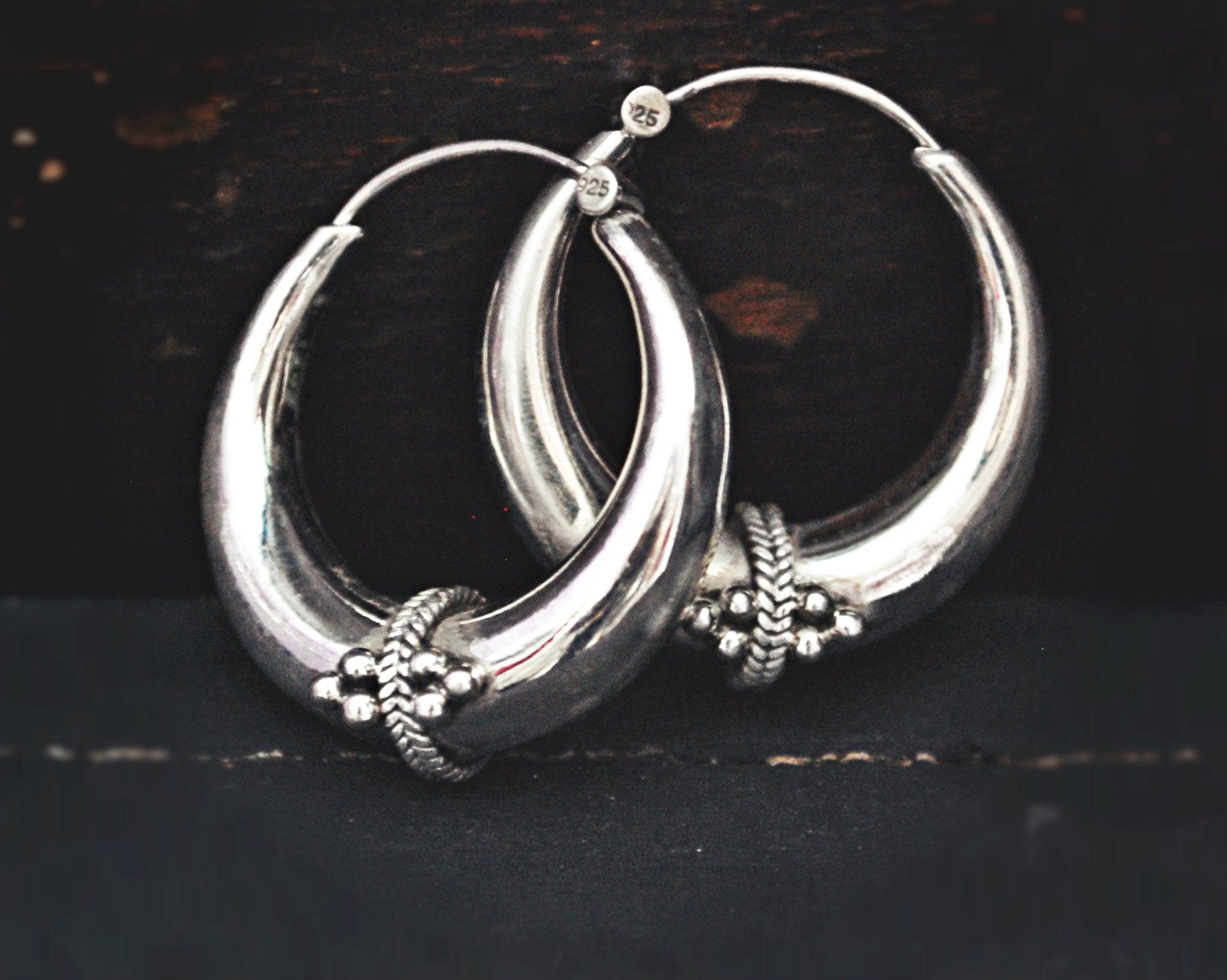 Ethnic Sterling Silver Hoop Earrings - MEDIUM