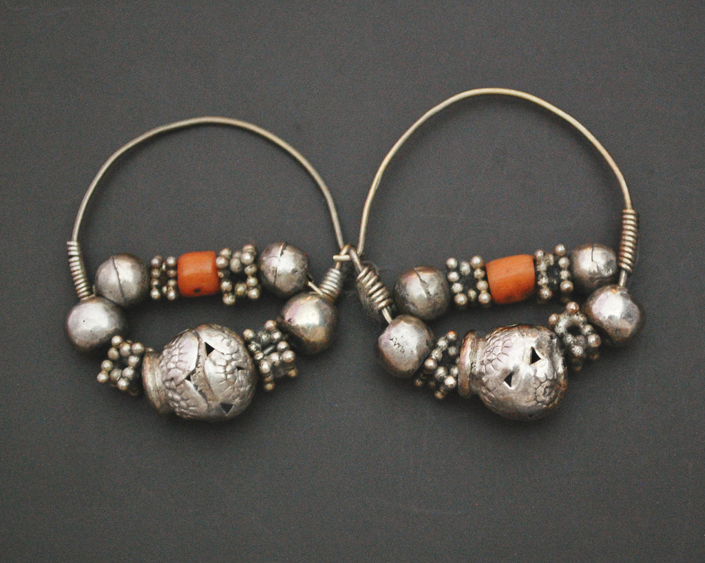 Uzbek Coral Silver Bead Hoop Earrings