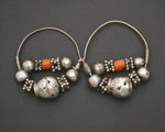 Uzbek Coral Silver Bead Hoop Earrings