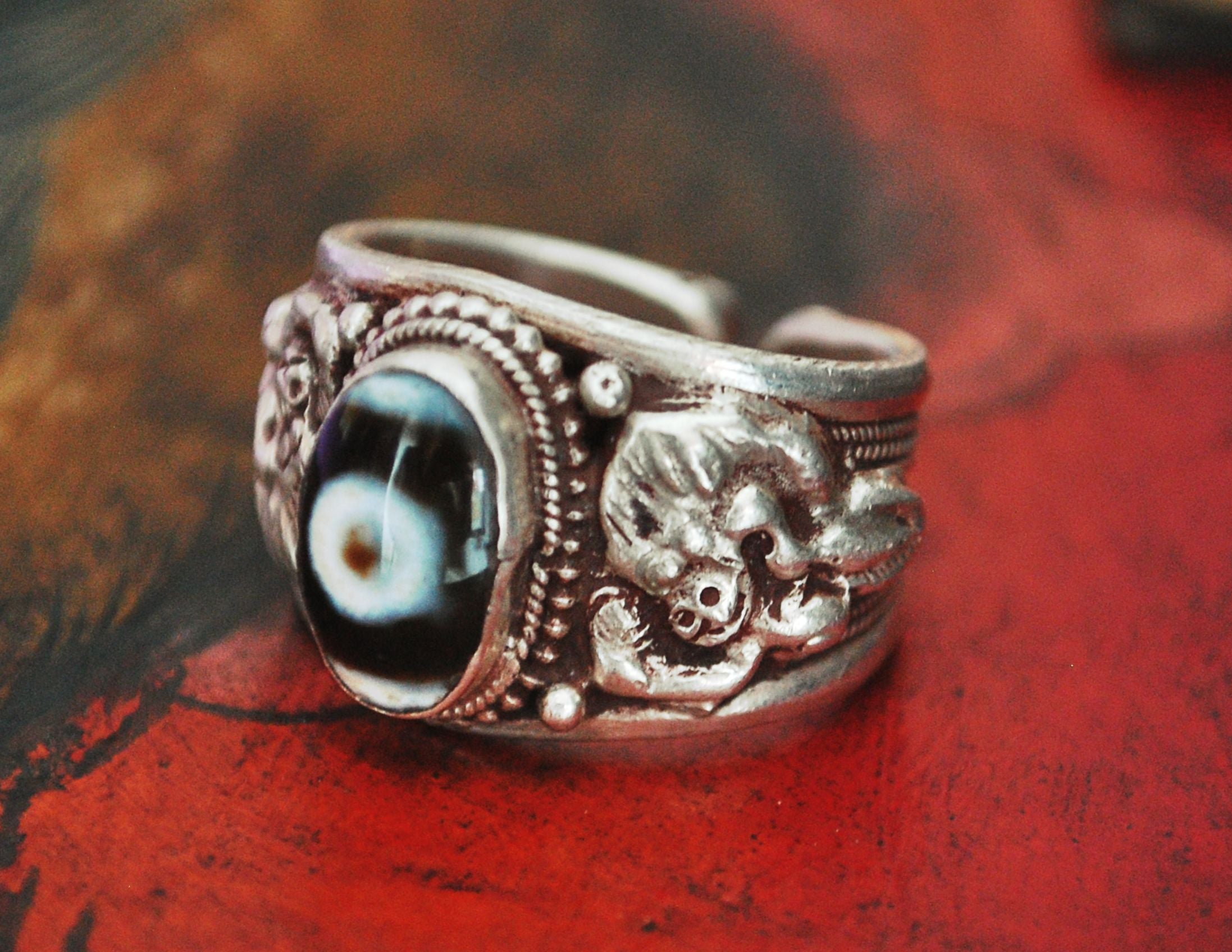 Nepali Dzi Stone Dragon Ring - Adjustable Size 10+