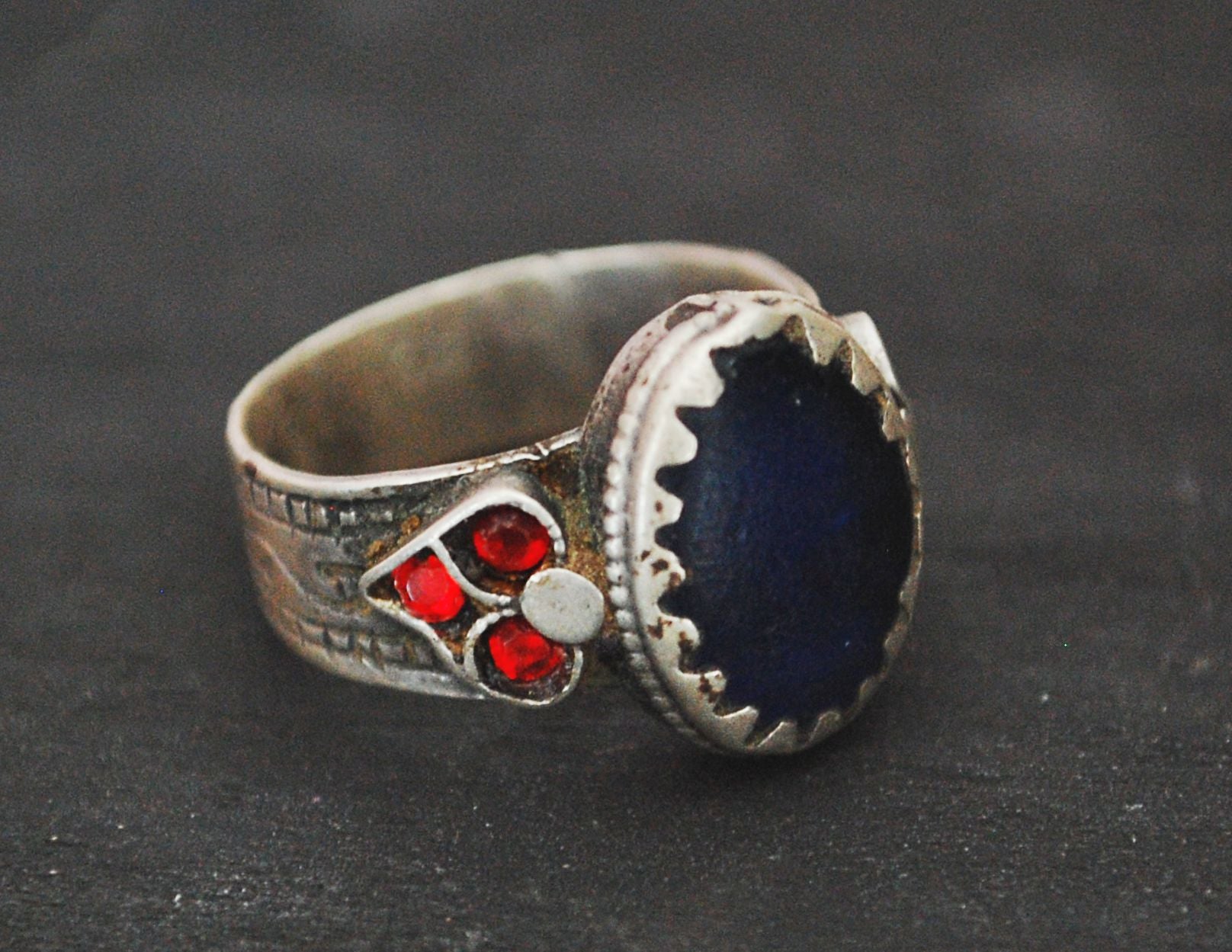 Antique Afghani Ring with Blue and Red Glass - Size 8