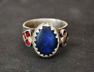 Antique Afghani Ring with Blue and Red Glass - Size 8