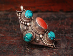 Huge Nepalese Turquoise Coral Ring - Size 8.5