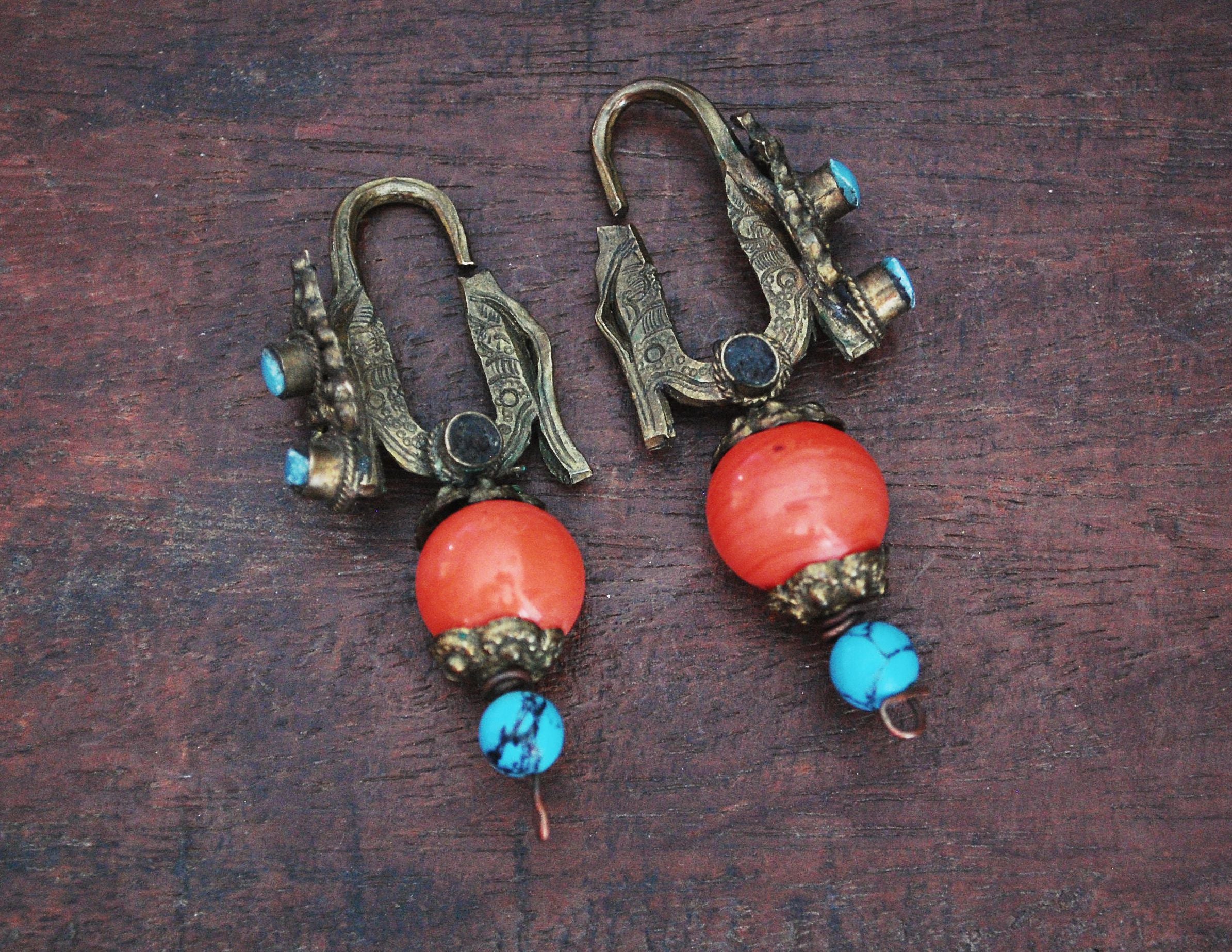 Antique Tibetan Earrings with Coral and Turquoise