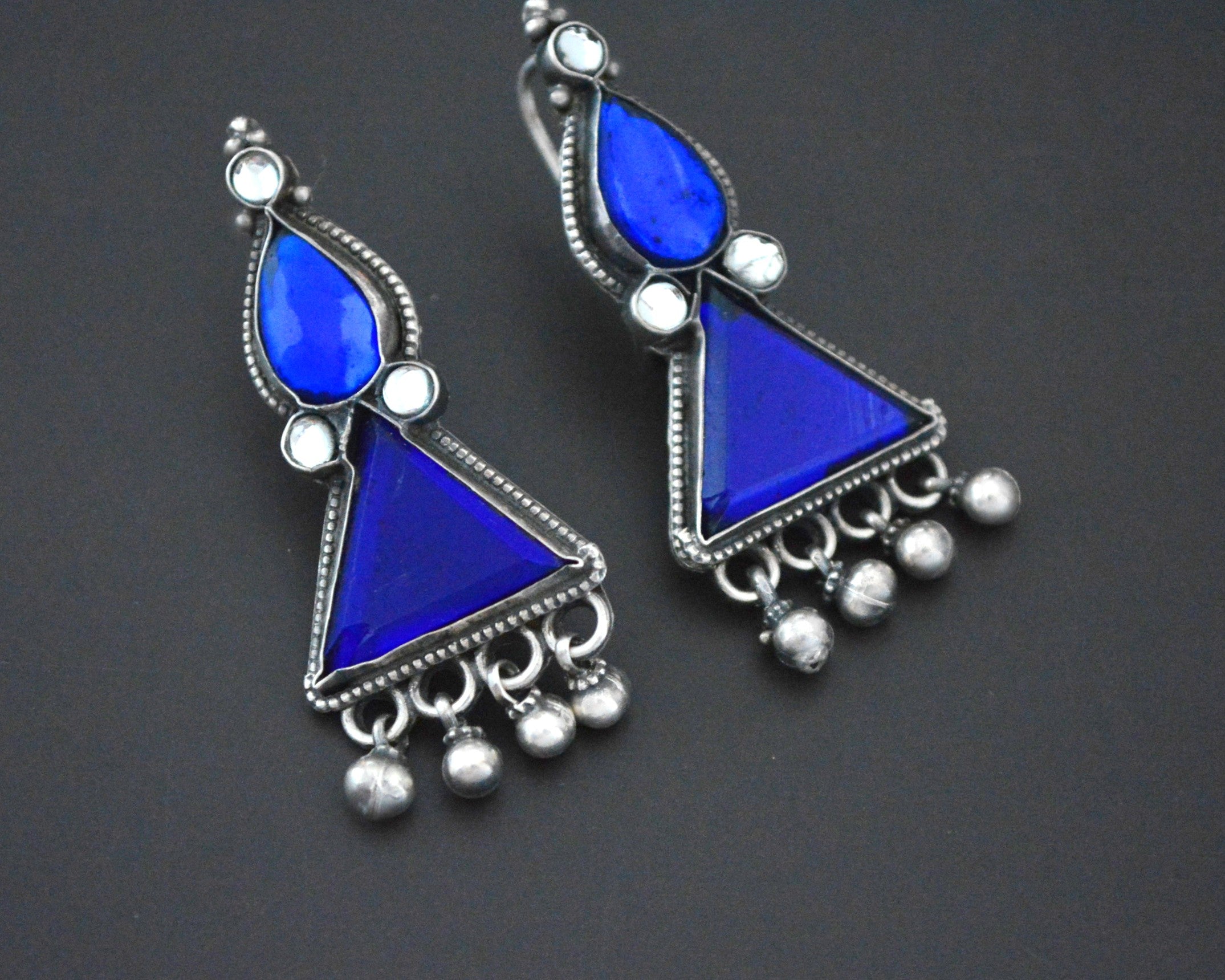 Rajasthani Earrings with Blue Glass and Bells