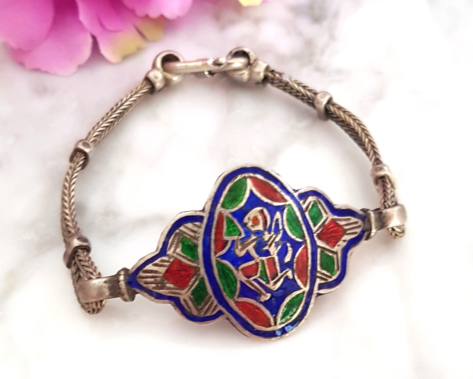 Rajasthani Enamel Hanuman Silver Snake Chain Bracelet