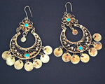 Middle Eastern Coin Filigree Dangle Earrings with Turquoise