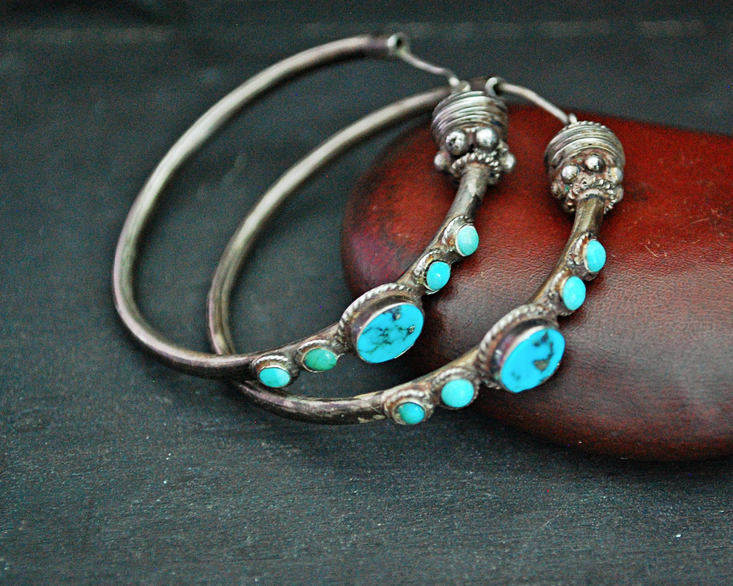 Ethnic Hoop Earrings with Turquoise - LARGE