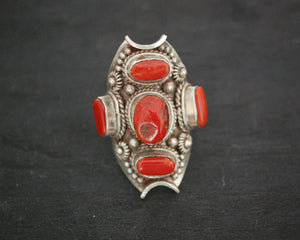 Large Nepali Coral Saddle Ring - Size 8.5