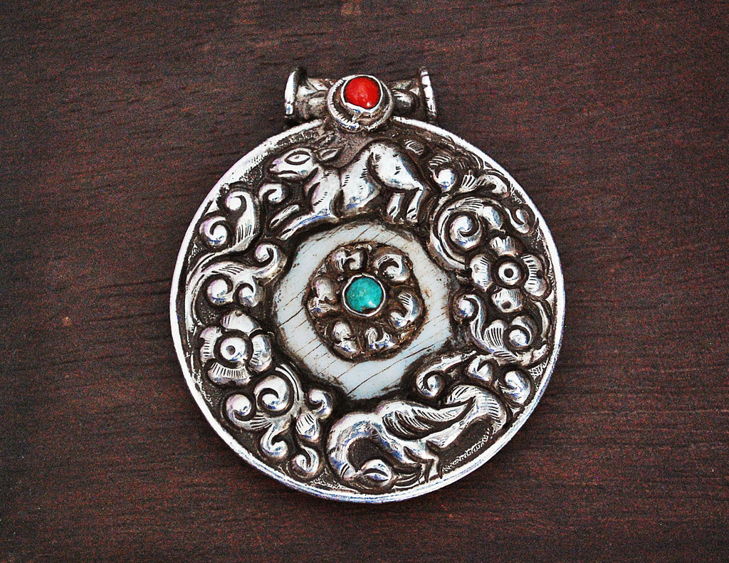 Nepali Shell Repoussee Silver Amulet with Coral and Turquoise