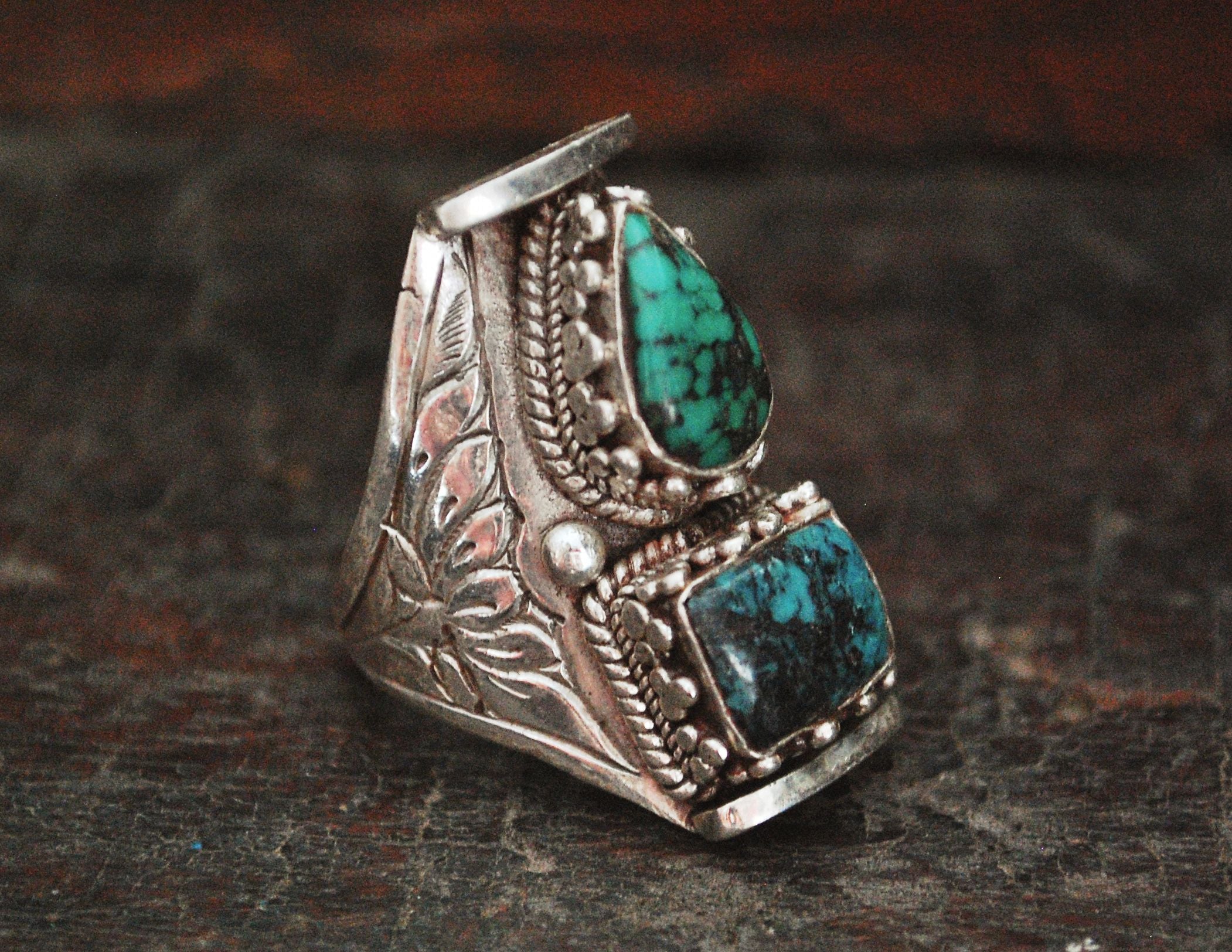 Nepalese Turquoise Lotus Saddle Ring - Size 9.5