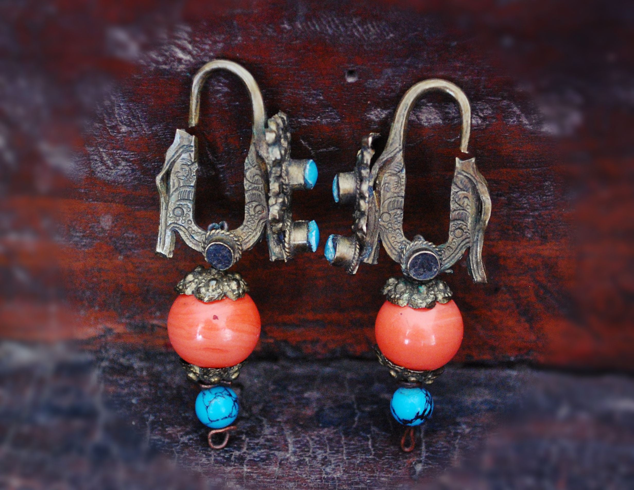 Antique Tibetan Earrings with Coral and Turquoise