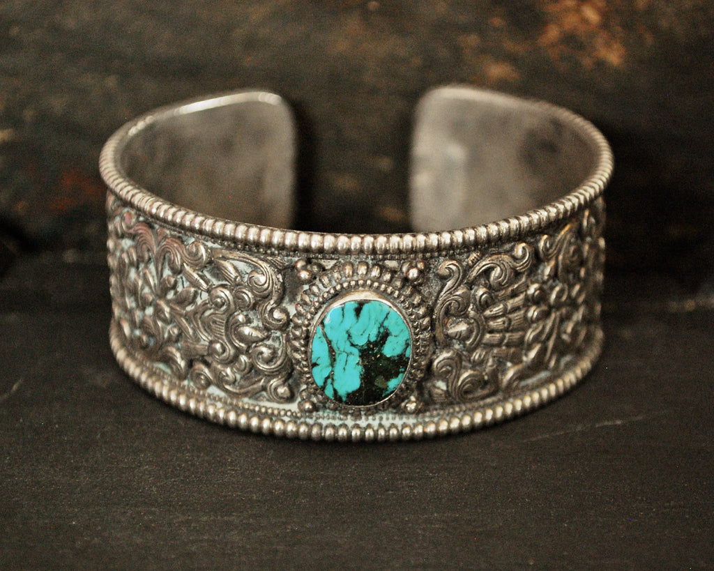 Fabulous Nepali Turquoise Repoussee Bracelet with Eight Auspicious Symbols