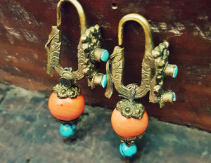 Antique Tibetan Earrings with Coral and Turquoise