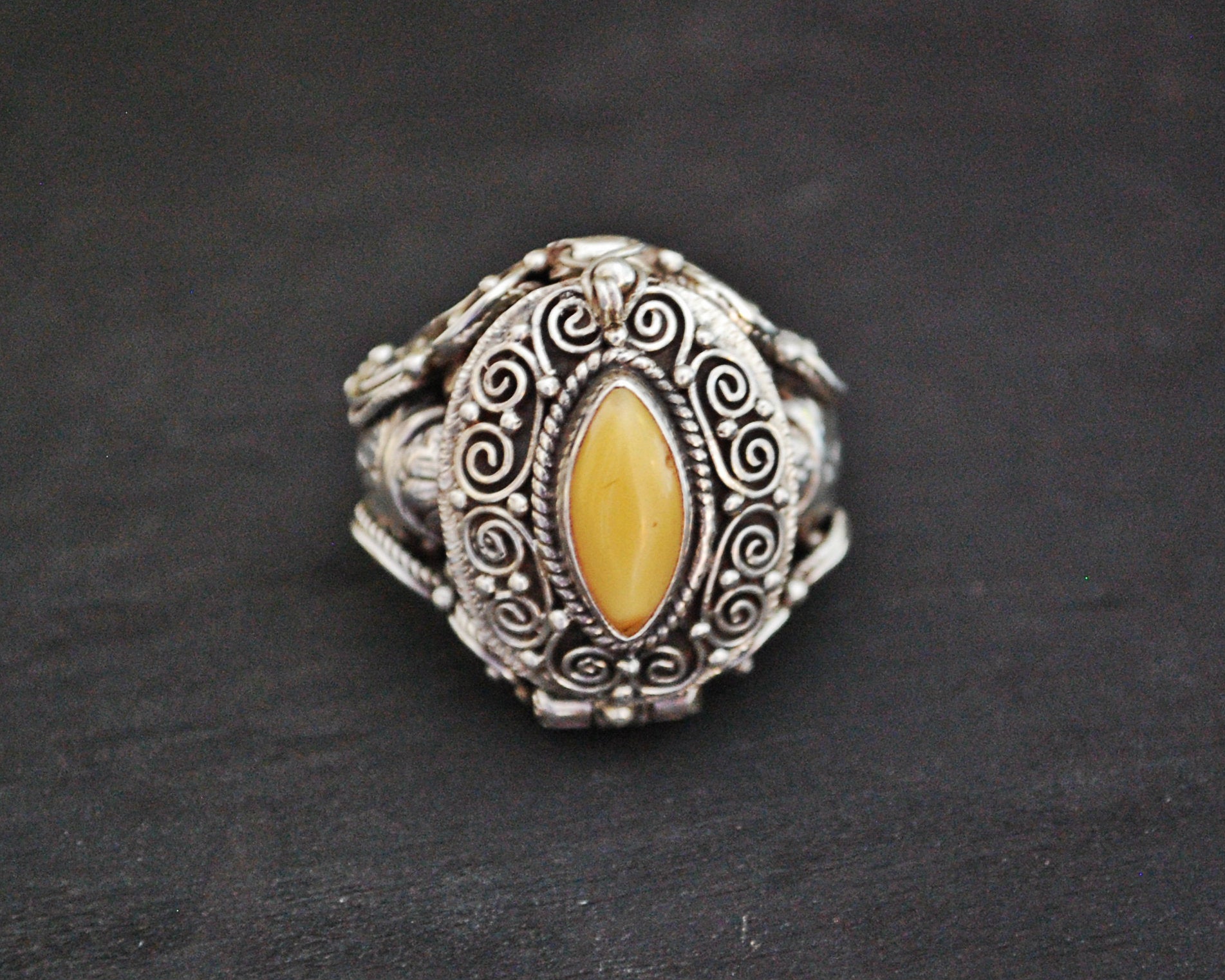 Ethnic Amber Poison Ring - Size 8.5+