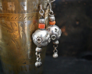 Afghani Silver Coral Dangle Earrings