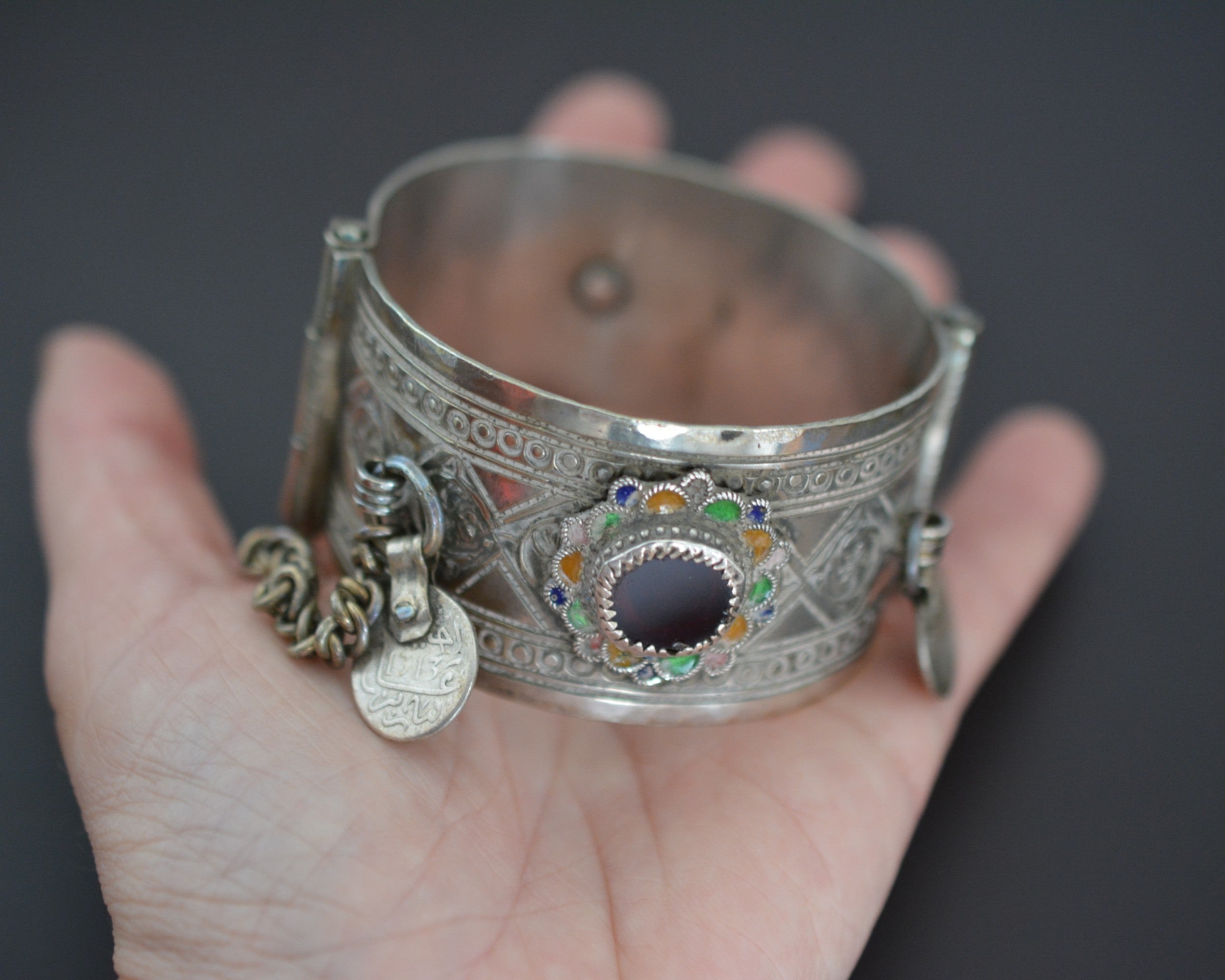 Berber Hinged Enamel Bracelet with Glass and Coins