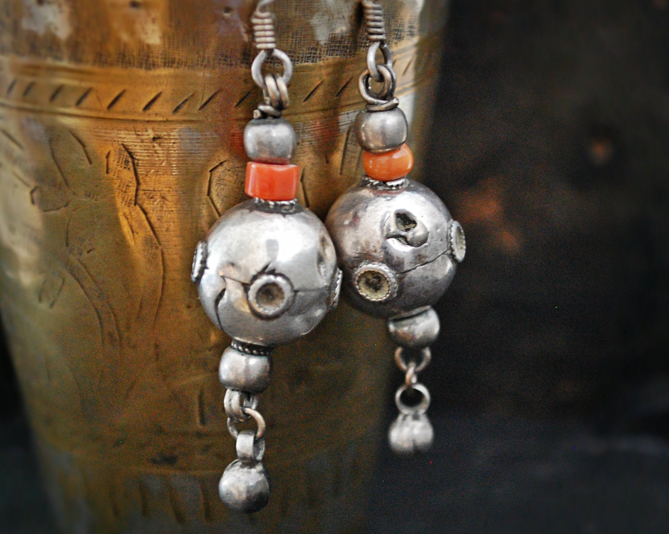 Afghani Silver Coral Dangle Earrings