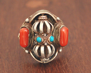 Nepali Coral Turquoise Dorje Ring - Adjustable Size