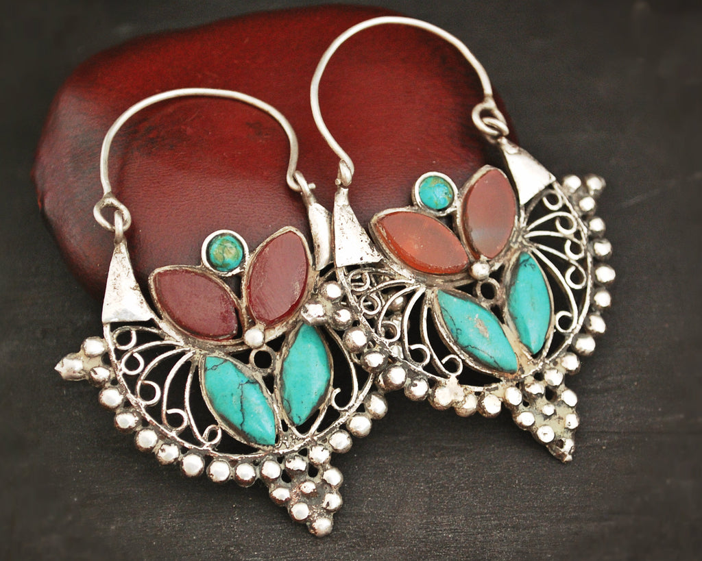 Big Afghani Hoop Earrings with Carnelian and Turquoise