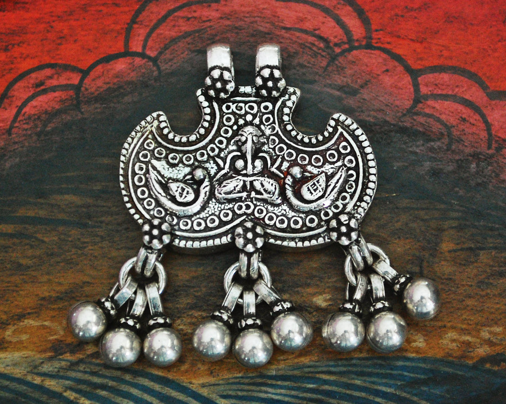 Rajasthani Sterling Silver Ganesha Amulet Pendant with Bells