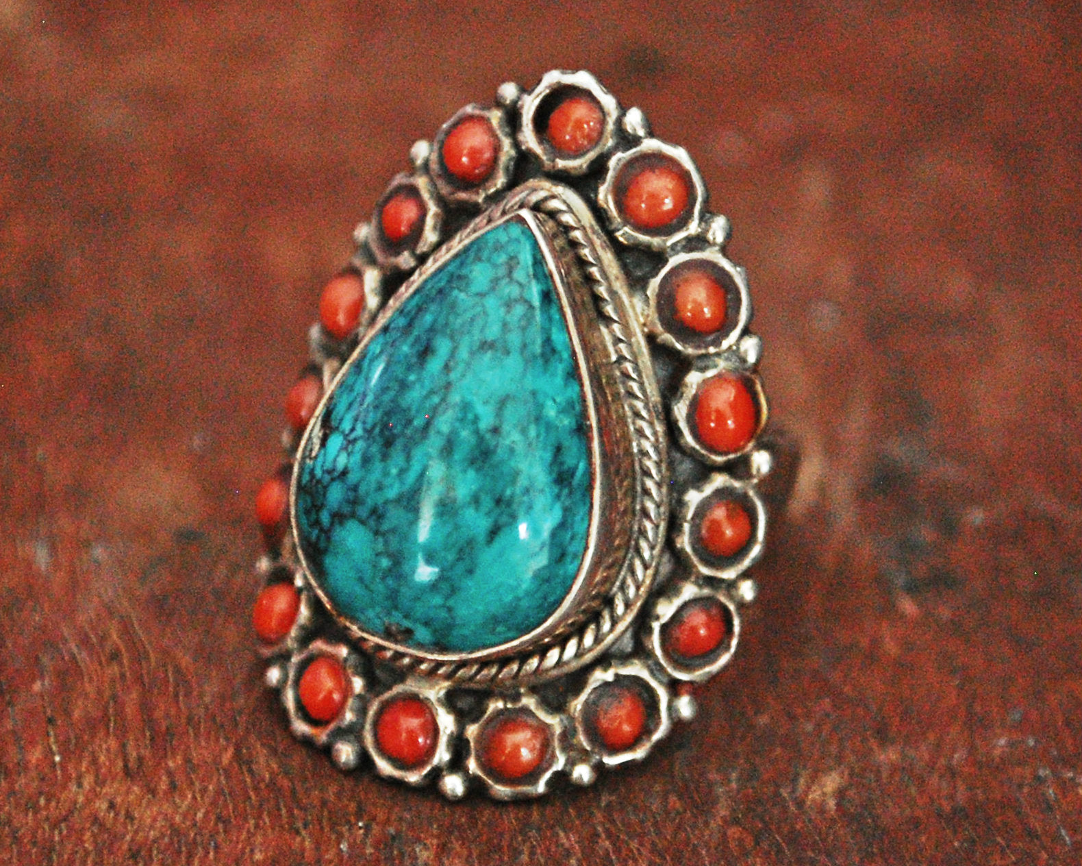 Ethnic Turquoise and Coral Ring from India