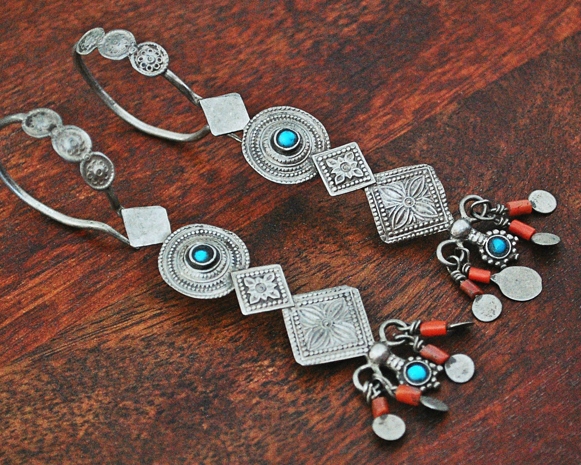 Antique Afghani Earrings with Coral and Turquoise