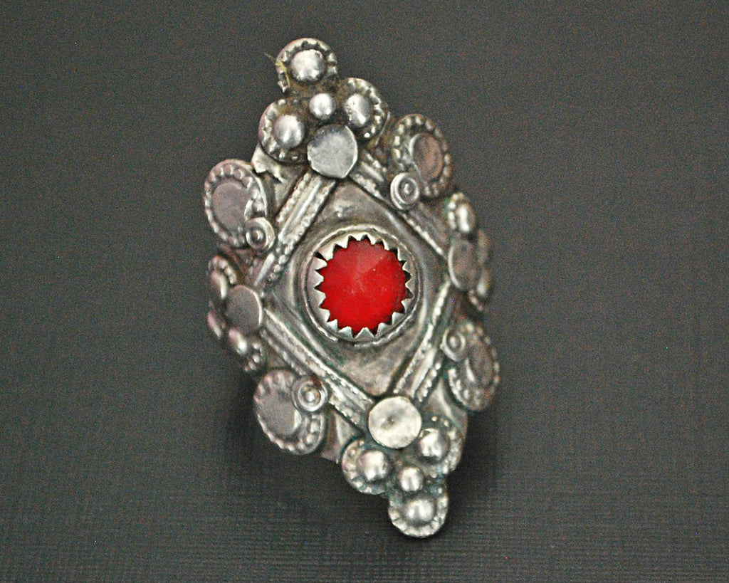 Afghani Tribal Silver Ring with Red Glass - Size 9