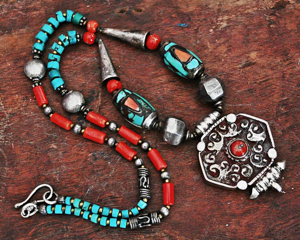 Vintage Nepali Coral Turquoise Necklace with Gau Amulet