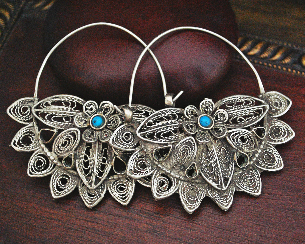 Uzbek Turquoise Filigree Hoop Earrings