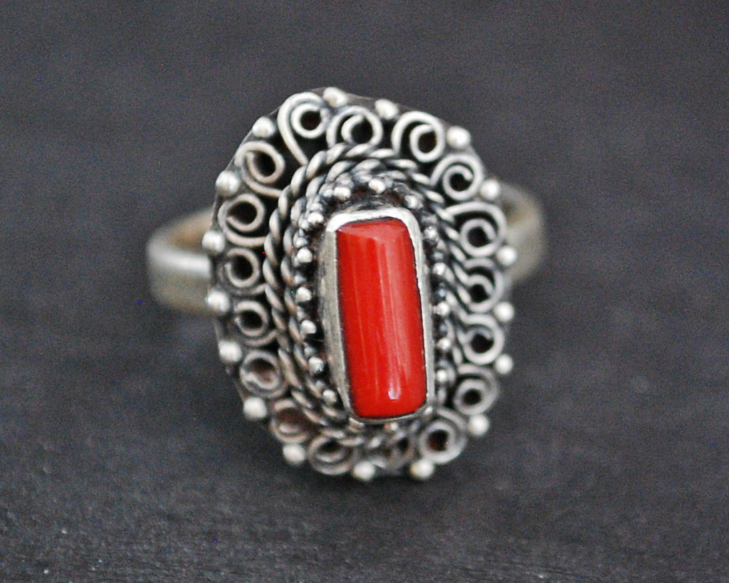 Nepali Coral Silver Ring - Size 8