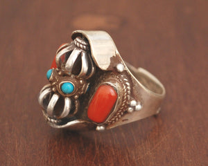 Nepali Coral Turquoise Dorje Ring - Adjustable Size