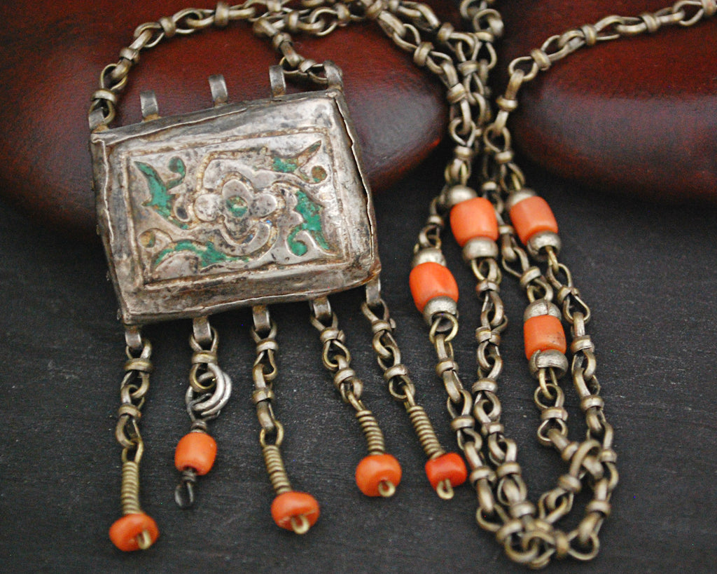 Old Uzbek Coral Box Necklace -